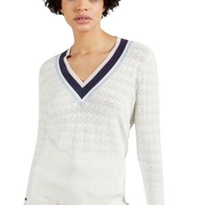 Ted Baker White Pointelle 3/4 Sleeve V-neck Preppy Sweater Blue Pink Trim size 0
